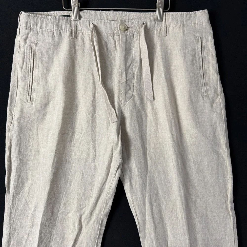 Perry Ellis Pants Mens 34x32 Beige 100% Linen Drawstring Lightweight Beach Relax